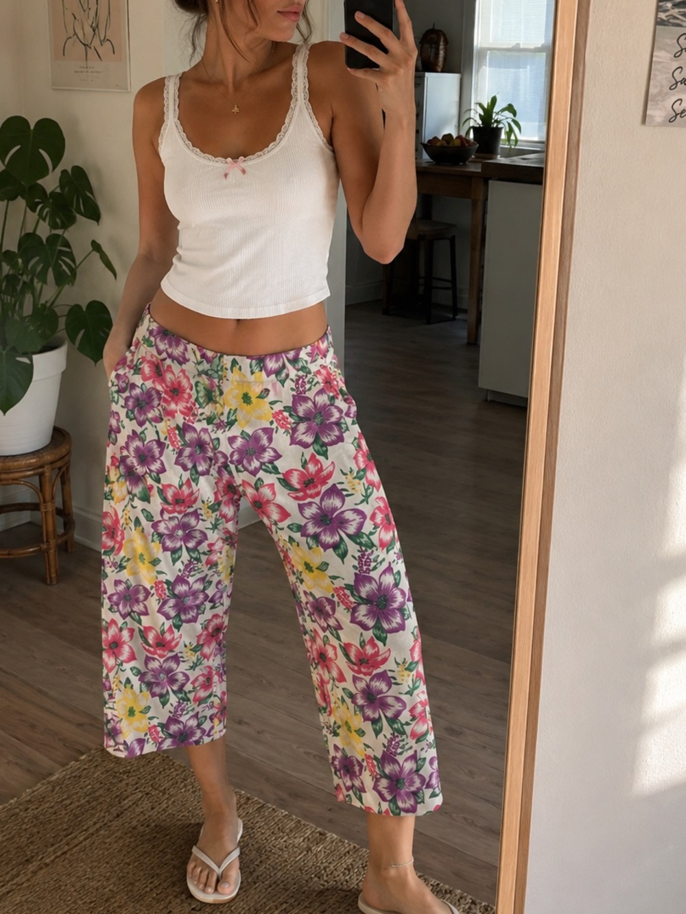 KOKOMO Hibiscus Floral Capri Pants XL | Tropical Summer Statement